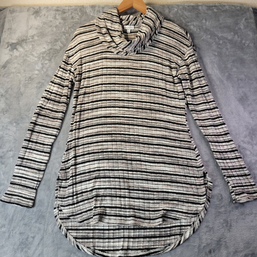Love Fire Womens M Striped Ribbed‎ Cowl Neck Long Sleeve Tunic Top Rounded Hem